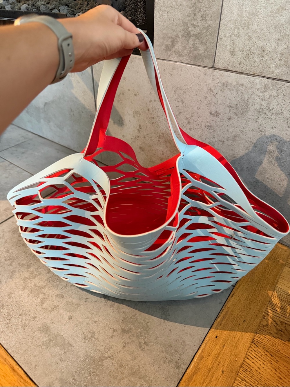 Red and blue reversible neoprene beach bag
